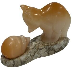 Vintage Mid Century Stone Fox & Hedgehog Figurine on Granite Base